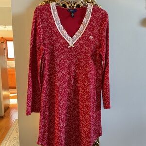 Vintage Chaps Thermal Sleep shirt Red Cream Floral Sz L